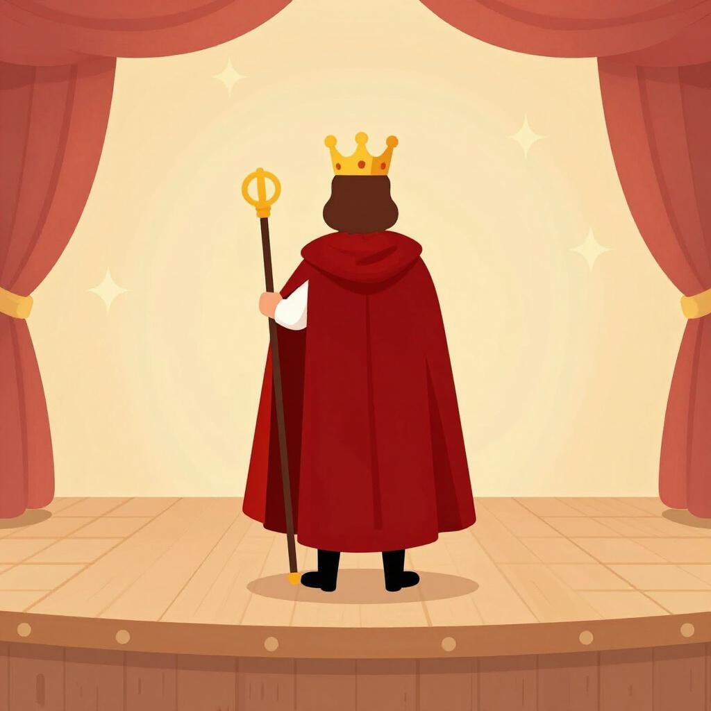 An actor on a stage wearing a crown and a royal robe, portraying a king.
