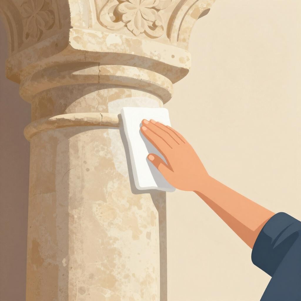A simplified illustration of a person carefully cleaning and restoring a section of an ancient, ornate stone column, making the cleaned part look bright and new.
