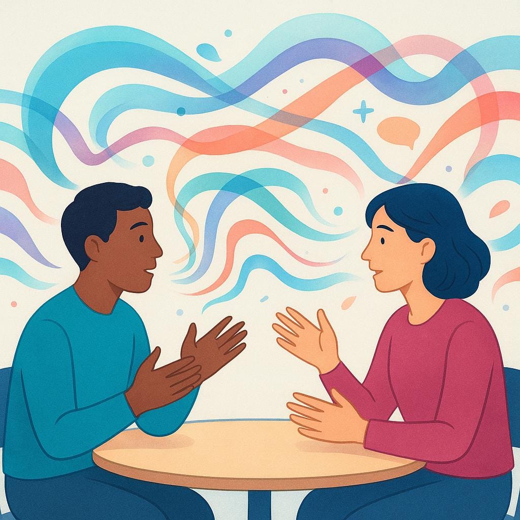 Two diverse individuals are sitting across from each other, engaged in a focused conversation. Abstract colorful lines flow visibly between their heads, symbolizing the exchange of ideas and communication.