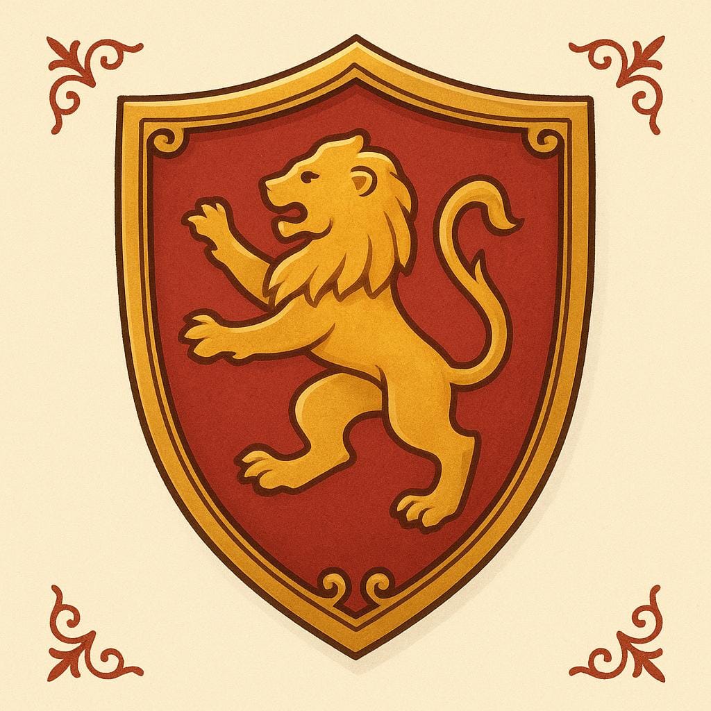 A stylized heraldic device featuring a golden lion standing on its hind legs against a red field, enclosed within a shield shape.
