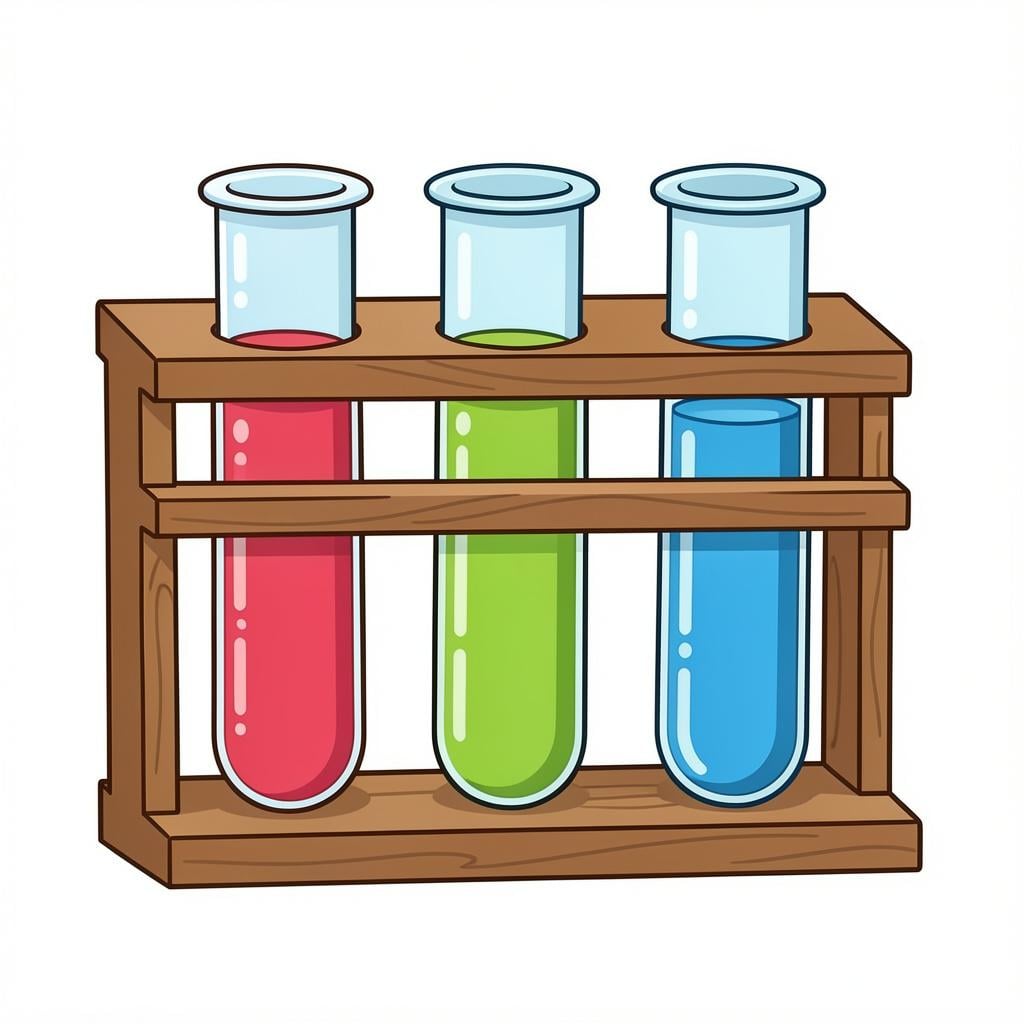 Glass test tubes in a rack filled with colorful liquids.