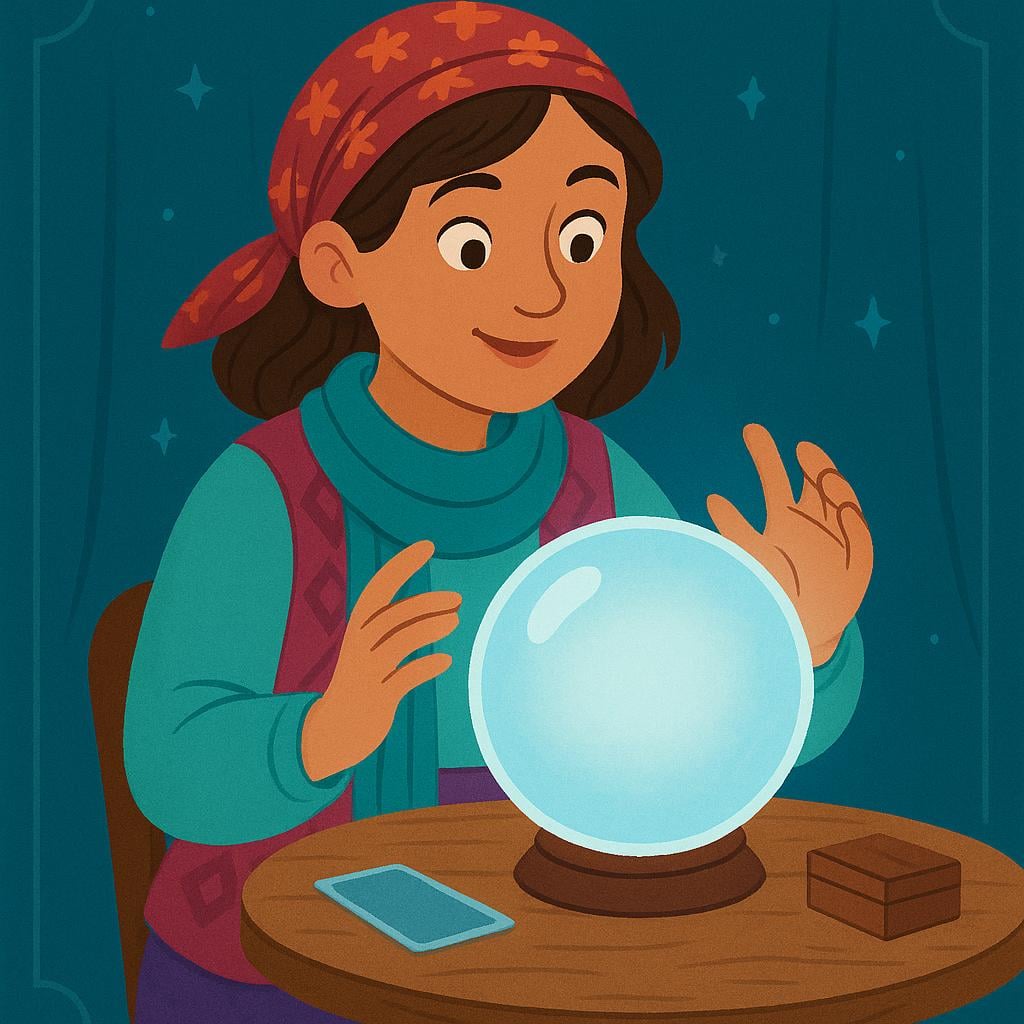 A woman with vibrant clothing and a headscarf sits at a small table, gazing intently into a large, glowing crystal ball.