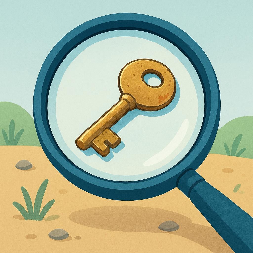 A large magnifying glass is held over a small, distinct object (like a key or a clear footprint) resting on a surface, symbolizing evidence.
