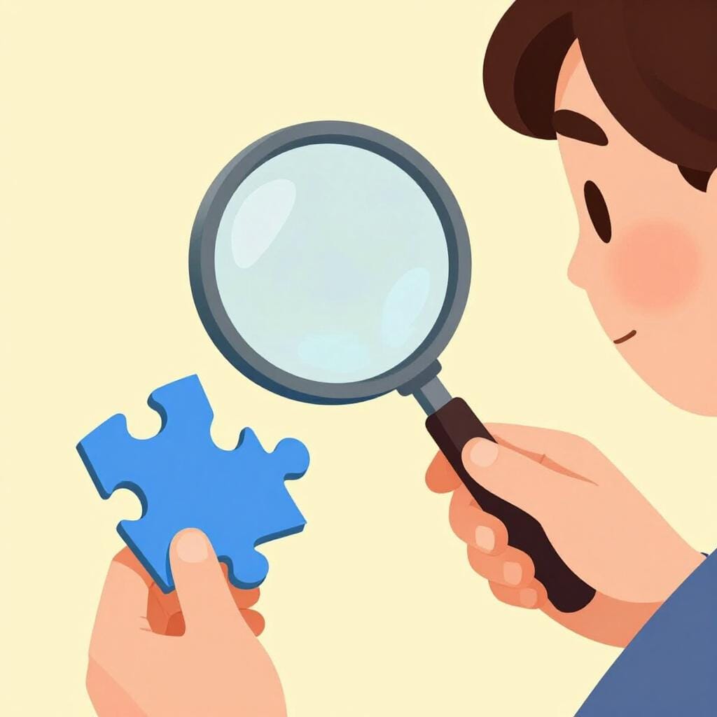 A person looking at a magnifying glass over a single puzzle piece to find a clue.