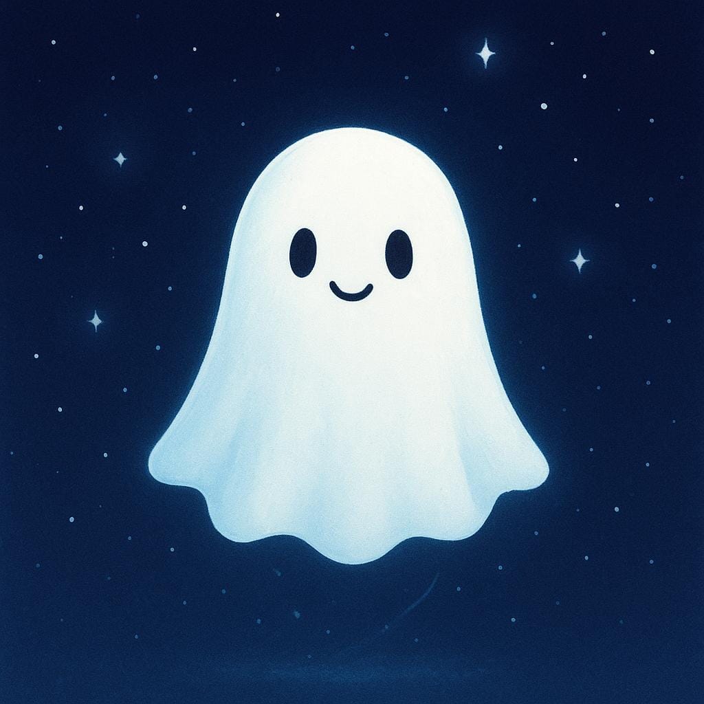 A friendly, translucent white ghost figure floating gently in a dark blue nighttime setting.