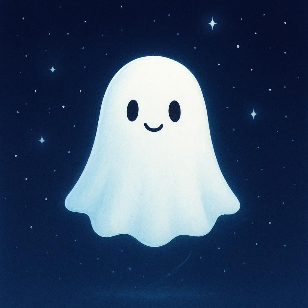 A friendly, translucent white ghost figure floating gently in a dark blue nighttime setting.