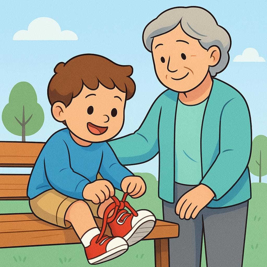 A colorful illustration showing an older mentor figure guiding a child who is successfully tying a shoelace, symbolizing a moral or experiential teaching moment.