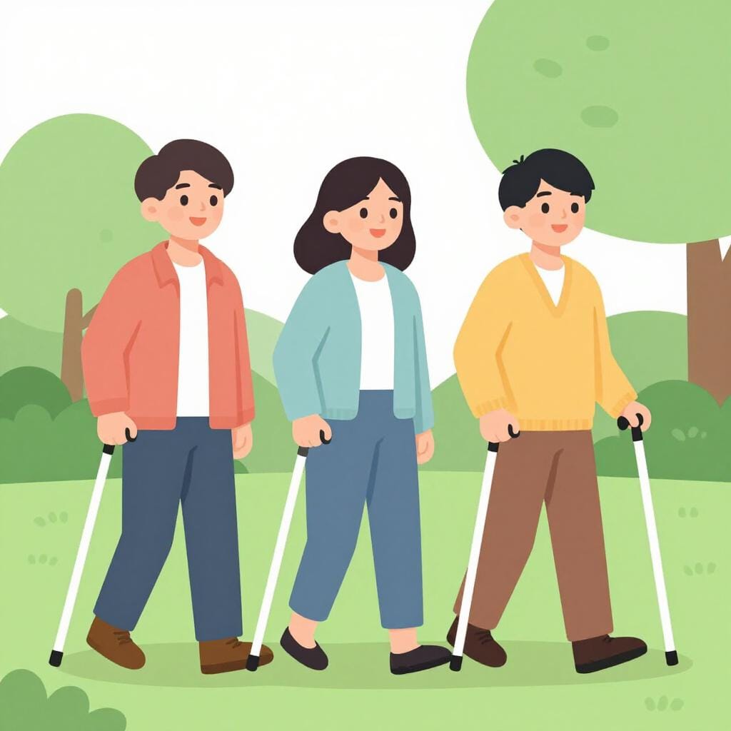 A group of people with white canes walking together.