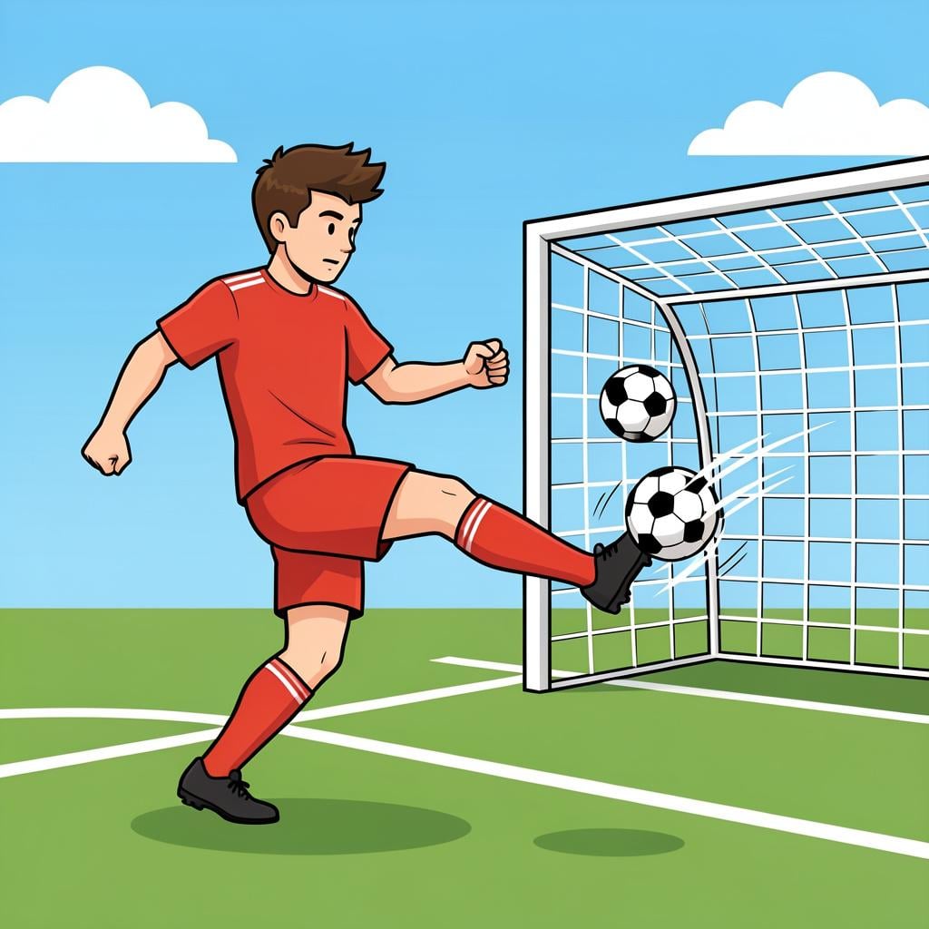 A soccer player kicking a ball toward a goal with great force.