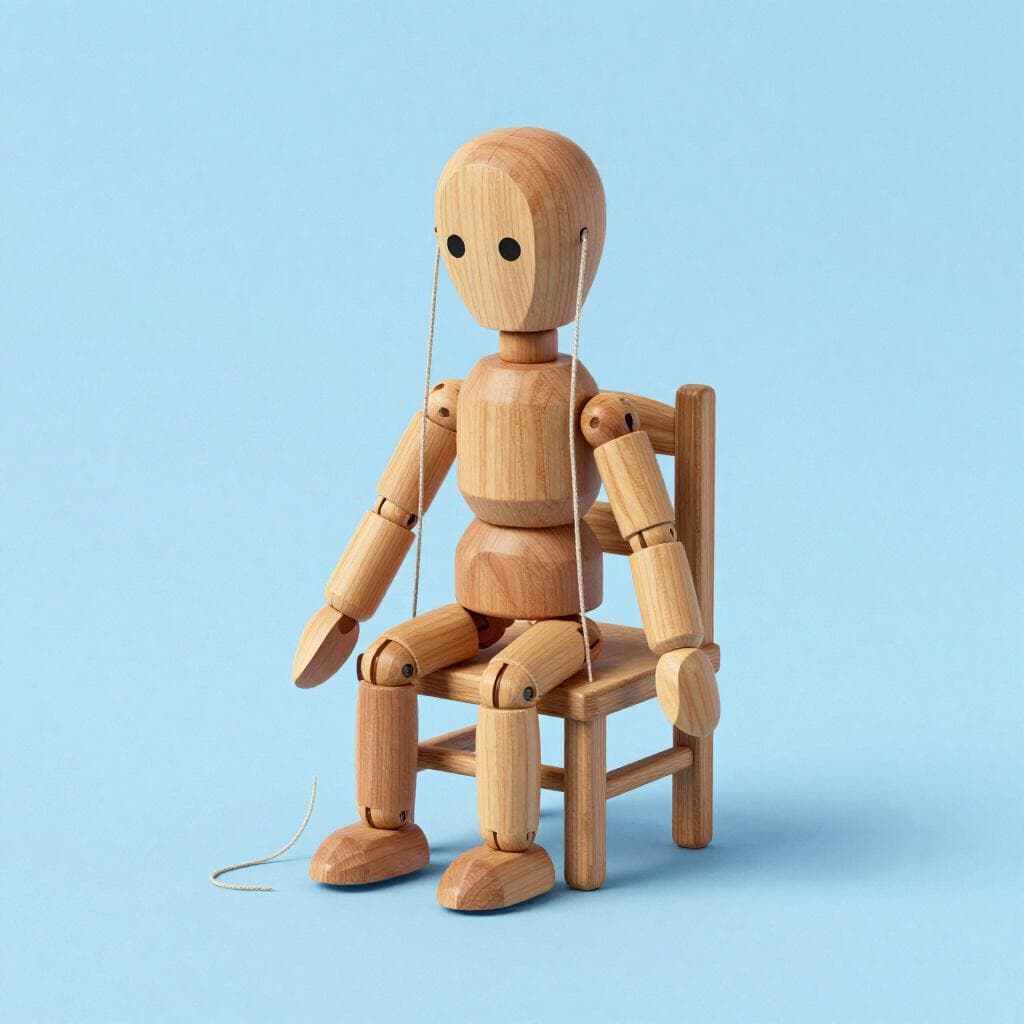 Une marionnette en bois aux ficelles molles, posée sur une chaise simple, incapable de bouger ses bras ou ses jambes.