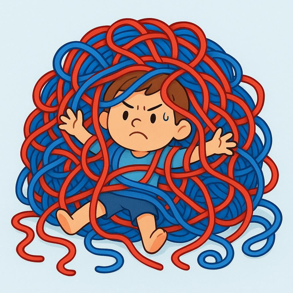 A cartoon figure tangled entirely in a large mass of colorful yarn, looking frustrated and struggling to get free, symbolizing a difficult situation or trouble.
