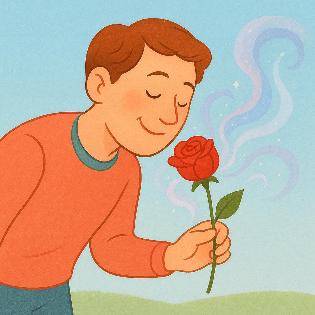 A person happily smelling a brightly colored red rose, with eyes closed in enjoyment.