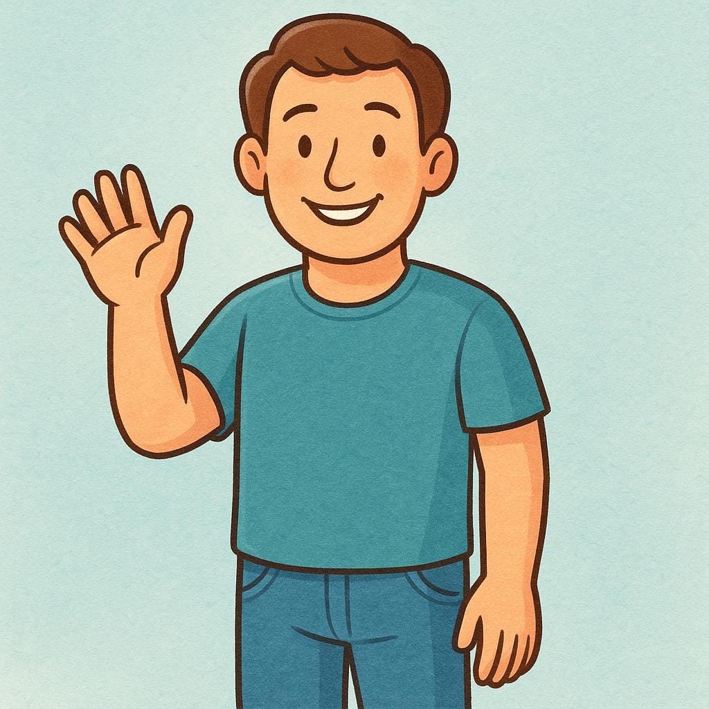 A friendly illustration of a man wearing a casual t-shirt and jeans, smiling and giving a friendly wave.