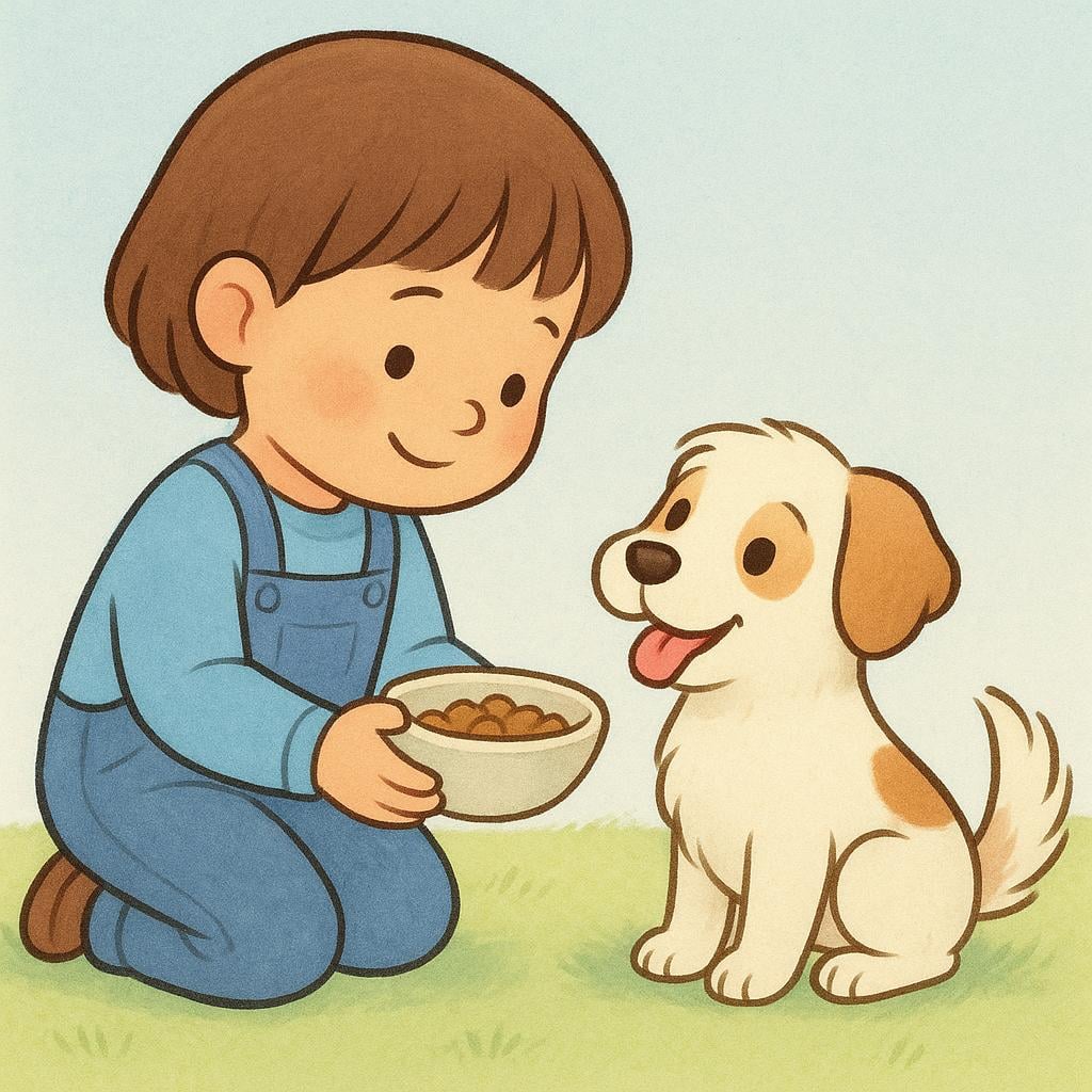 A child kneeling, holding a small bowl, feeding a happy brown dog.
