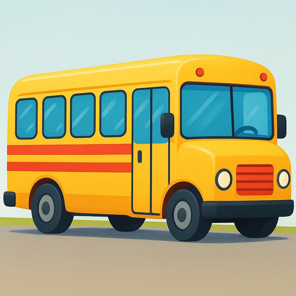 Een grote, felgekleurde geel-rode passagiersbus afgebeeld in een eenvoudige, sprookjesachtige illustratiestijl.