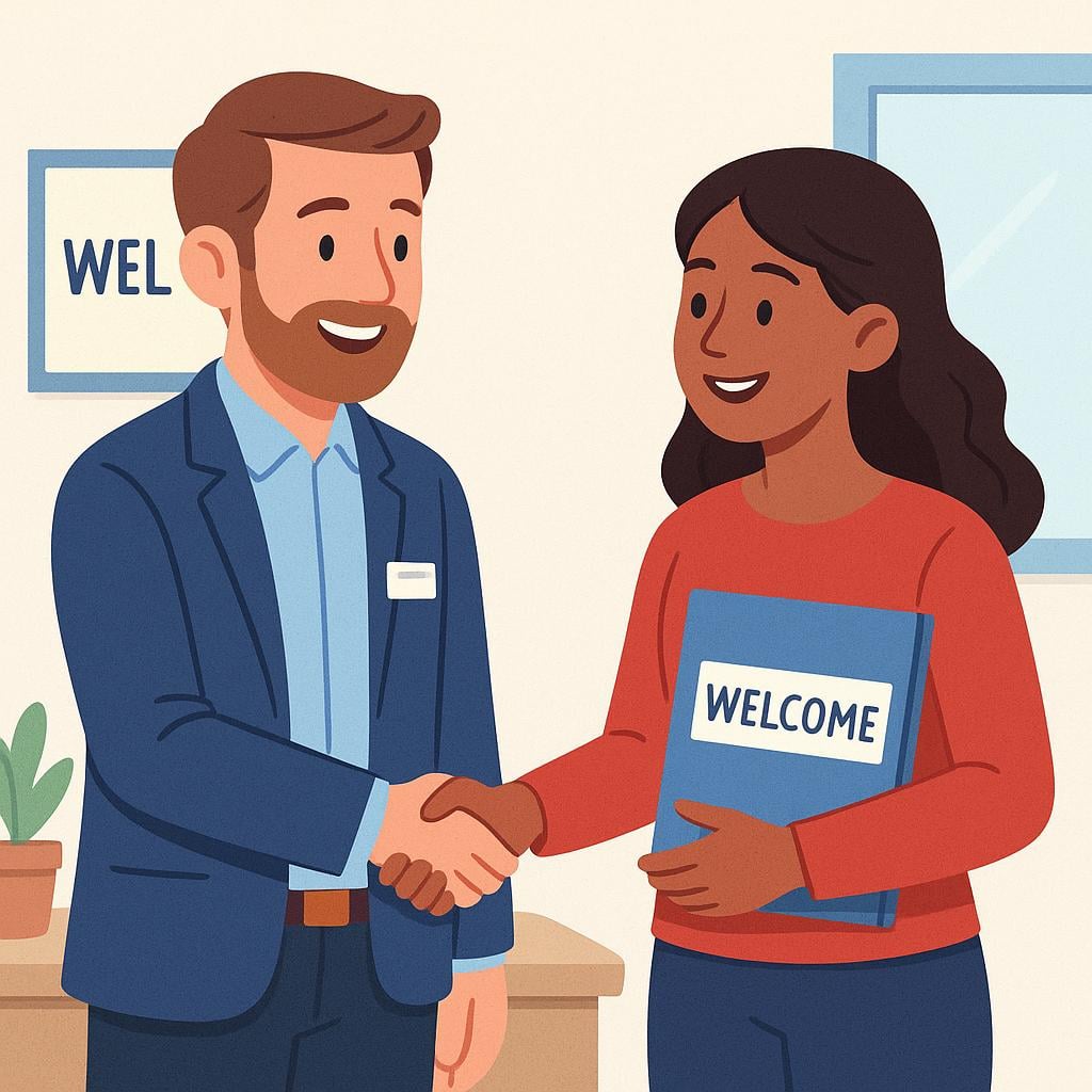 A professional manager in a suit shaking hands with a cheerful person who is holding a folder, signifying a new job hire.