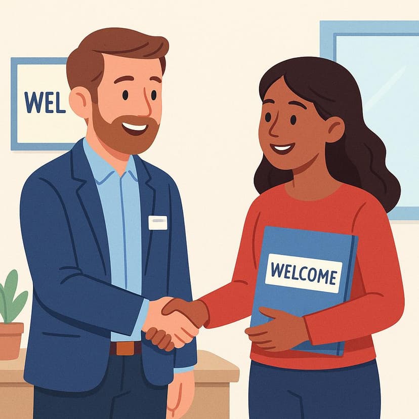 A professional manager in a suit shaking hands with a cheerful person who is holding a folder, signifying a new job hire.