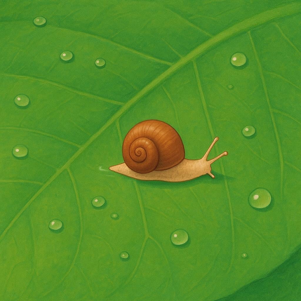 A small garden snail slowly gliding across the surface of a bright green leaf, leaving a visible trail.