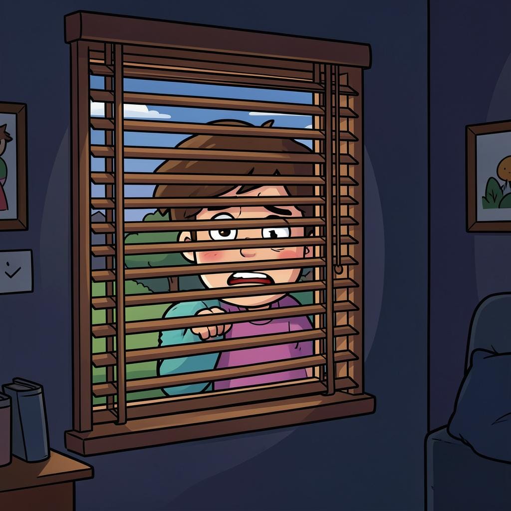 A nervous character peeking through closed window blinds into a quiet street.