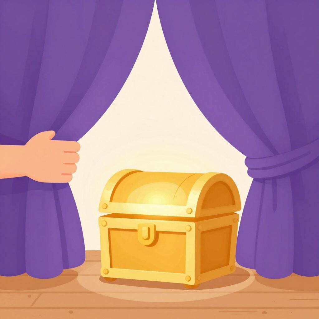 A hand pulling back a heavy velvet curtain to reveal a hidden glowing golden treasure chest.