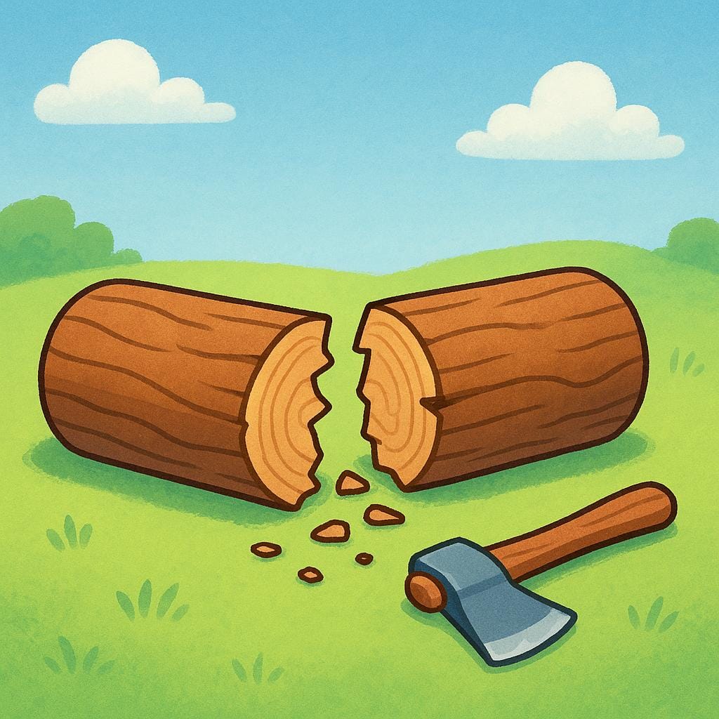A thick wooden log that has been split open into two pieces, illustrating the past participle 'split'.