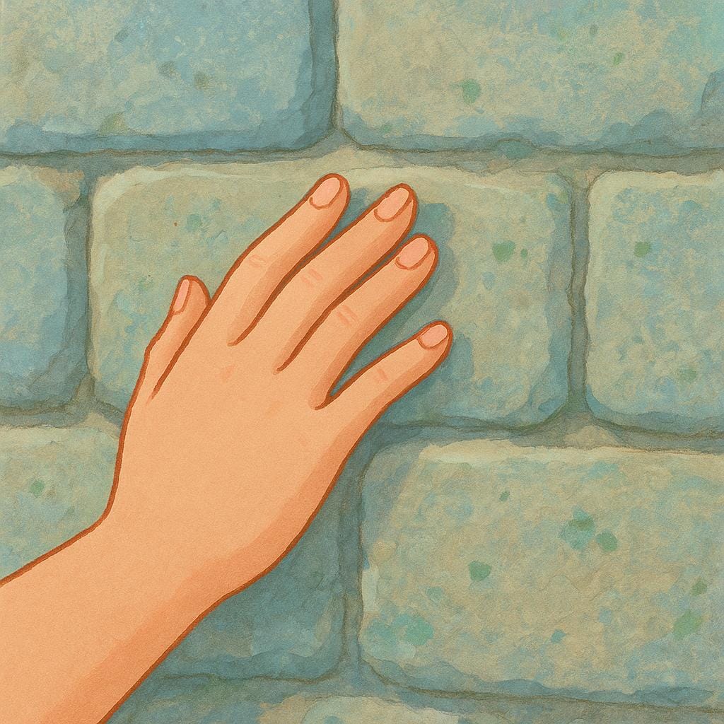 A person's hand lightly and gently brushing against the rough surface of a plain stone wall, illustrating the action of grazing.