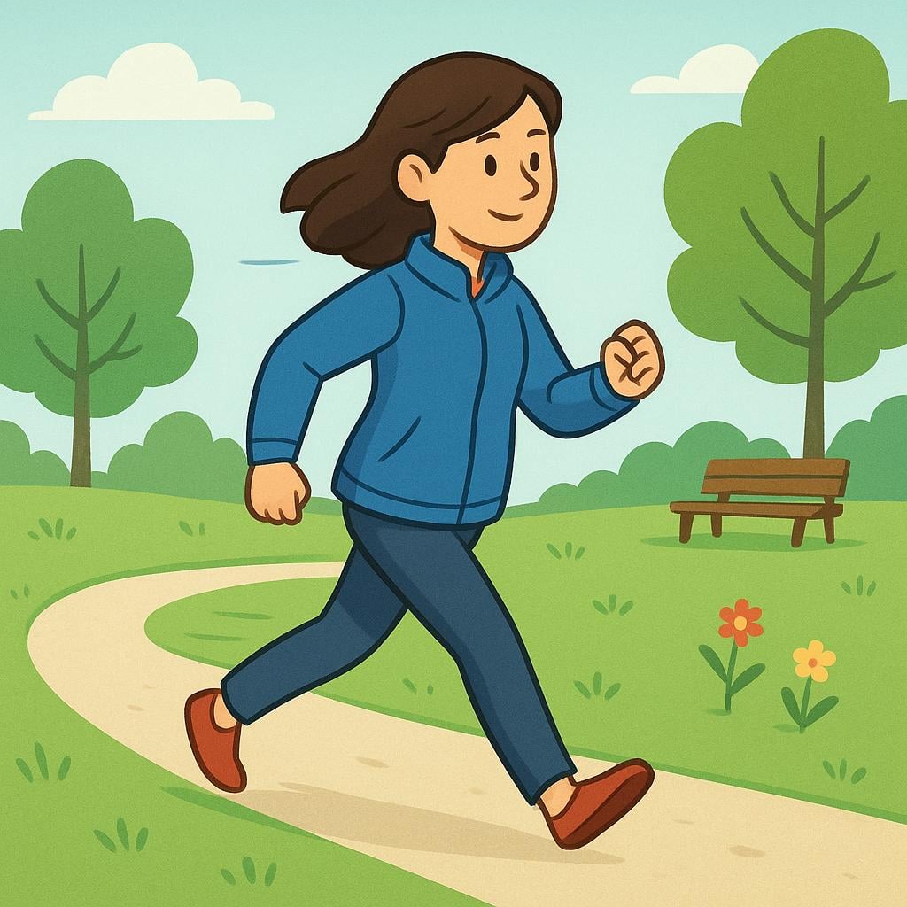 A young adult walking quickly along a sunny, tree-lined path, depicting the action of movement.