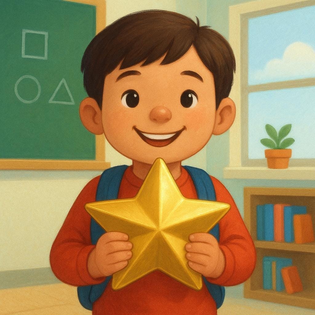 A smiling student proudly displaying a large, shiny gold star, symbolizing obtaining a good result or grade.