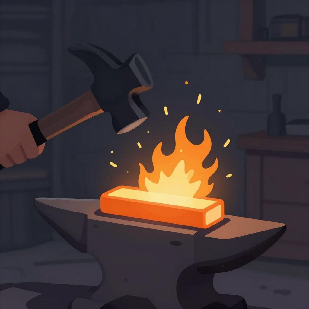 A blacksmith's hammer hitting a glowing orange piece of metal on an anvil.