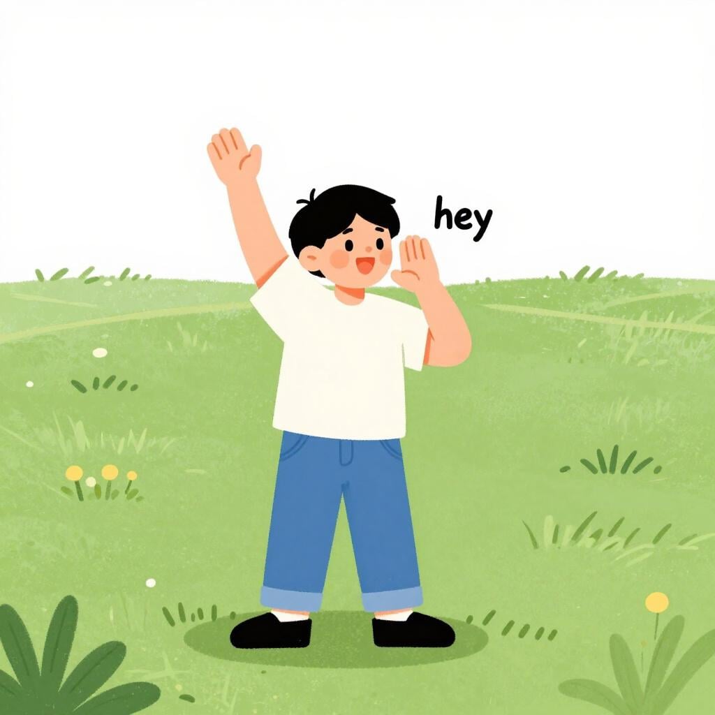 Een vriendelijk persoon die met zijn arm zwaait en zijn hand om zijn mond houdt om iemand te roepen.