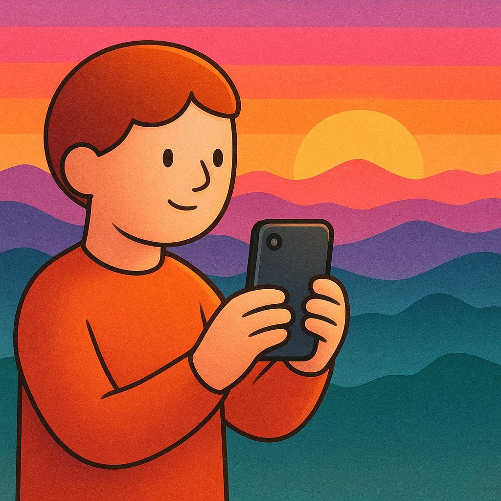A cartoon person holding a smartphone and taking a picture of a vibrant orange and pink sunset over a landscape.