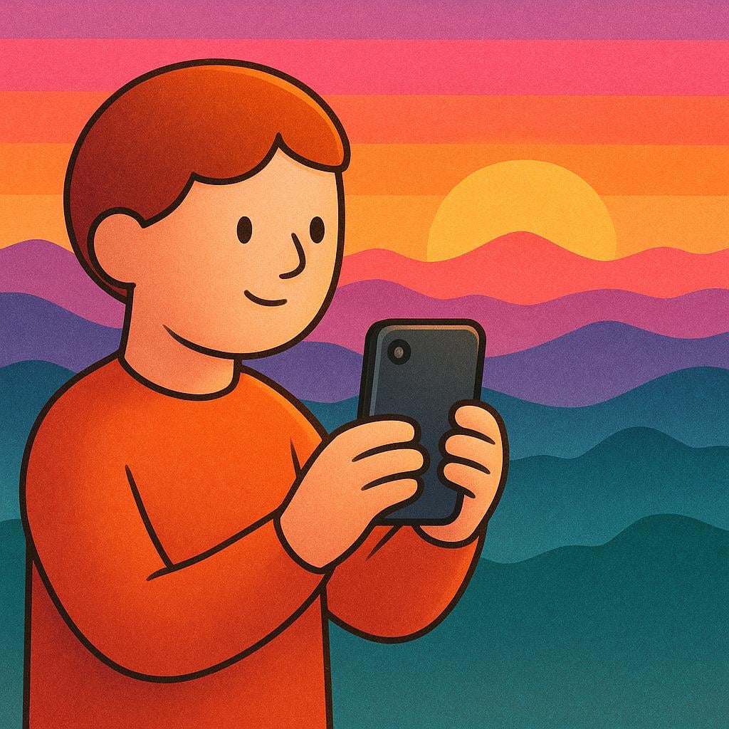 A cartoon person holding a smartphone and taking a picture of a vibrant orange and pink sunset over a landscape.