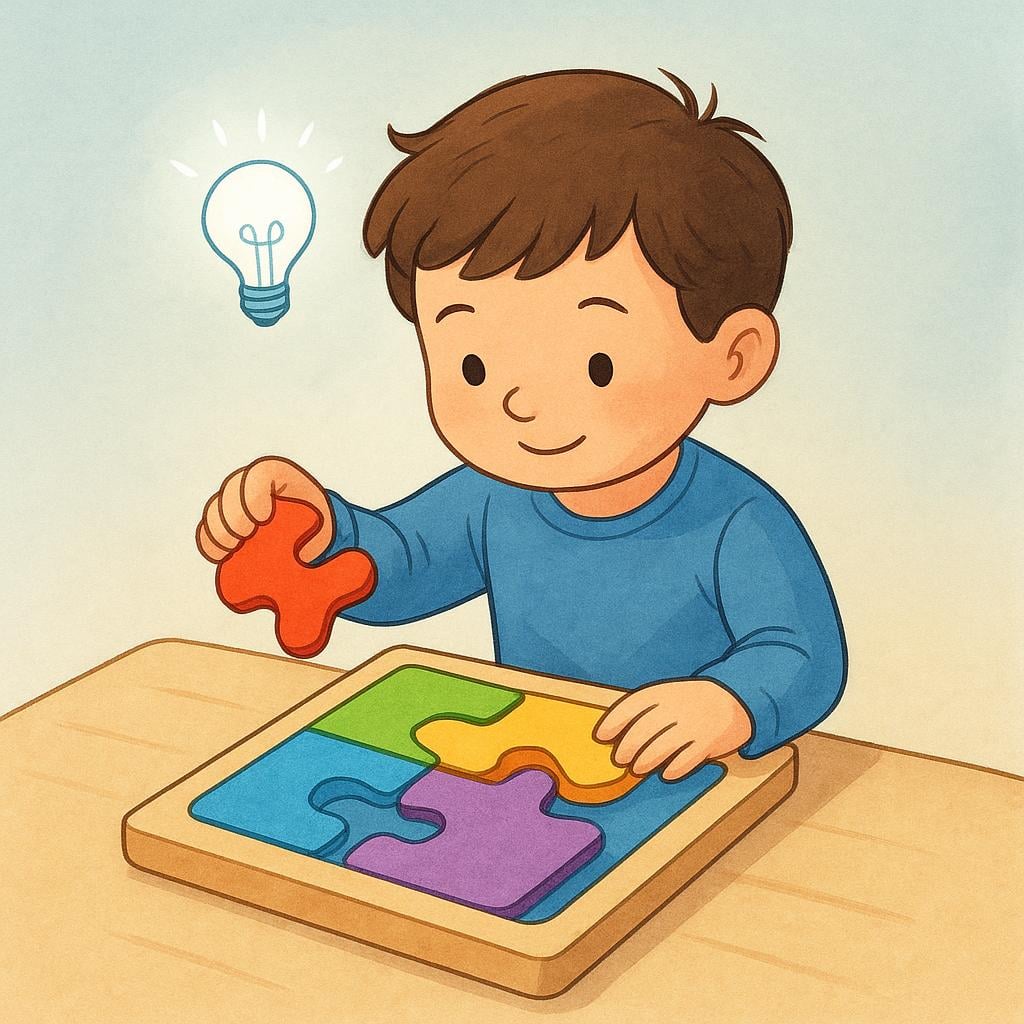 A young child sitting at a table, focused and smiling while successfully placing the final, uniquely shaped piece into a colorful wooden puzzle, symbolizing intelligence and cleverness.