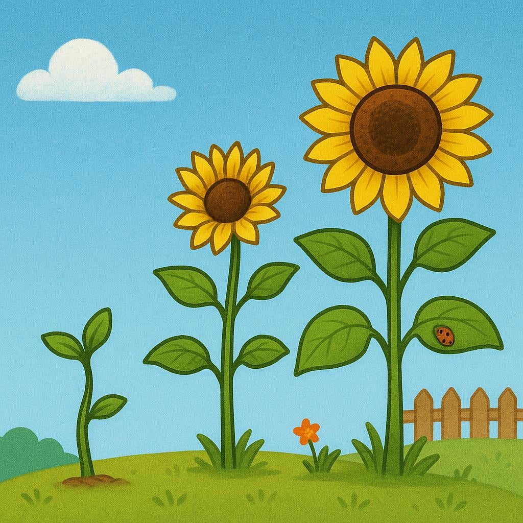 A row of three sunflowers at different heights, showing the progression from a small sprout to a tall blooming flower.