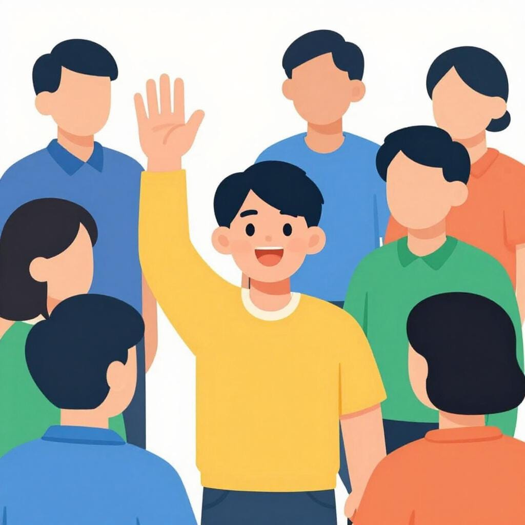 Une personne levant la main avec enthousiasme parmi un petit groupe.