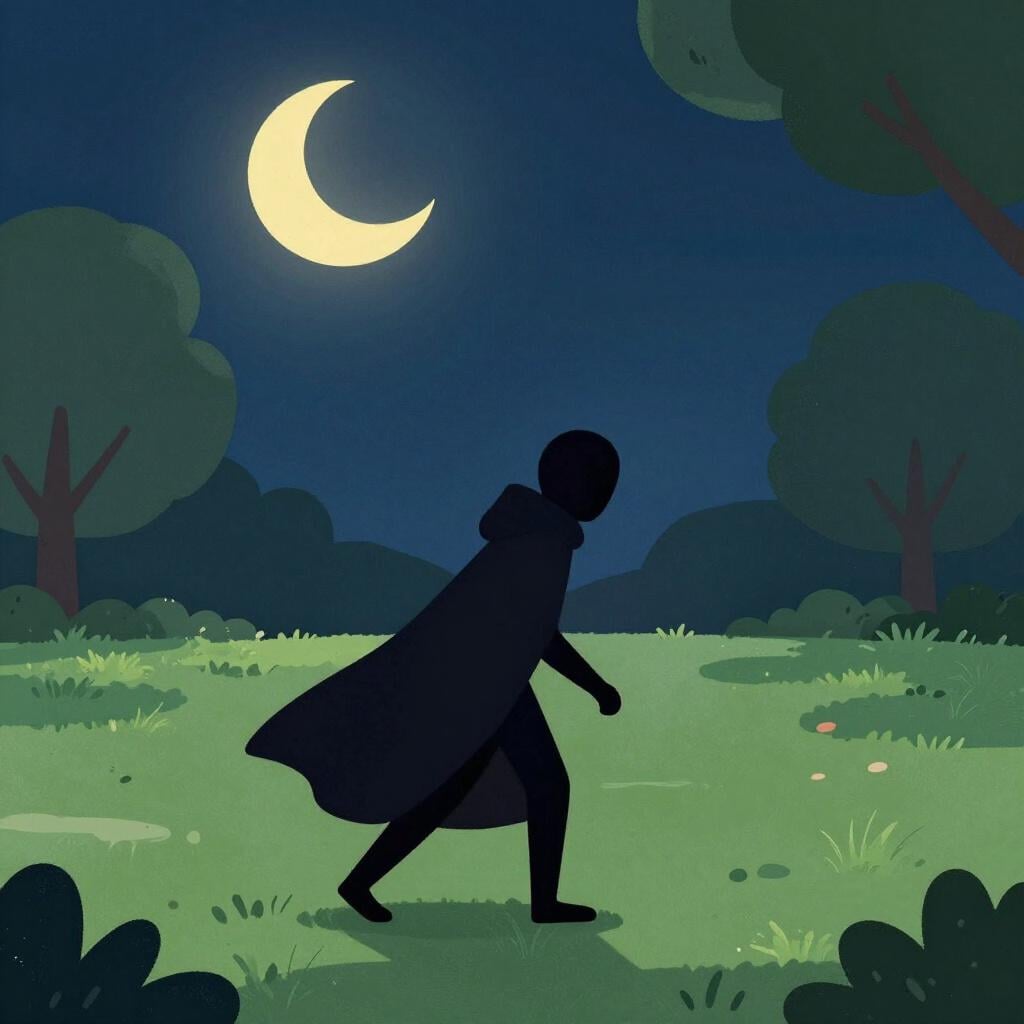 A shadowy figure in a dark cloak sneaking through a quiet, dimly lit park at night.