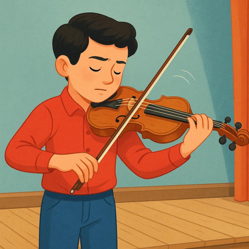 Um músico focado toca habilmente um violino com grande expressão em um palco simples de madeira, ilustrando uma performance magistral.