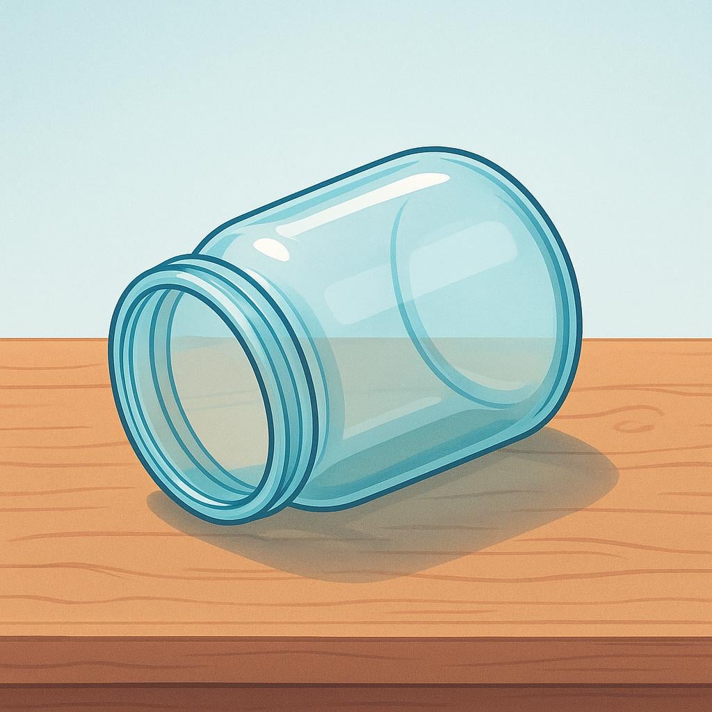 A clear glass jar is lying empty on a table, symbolizing that supplies have run out.