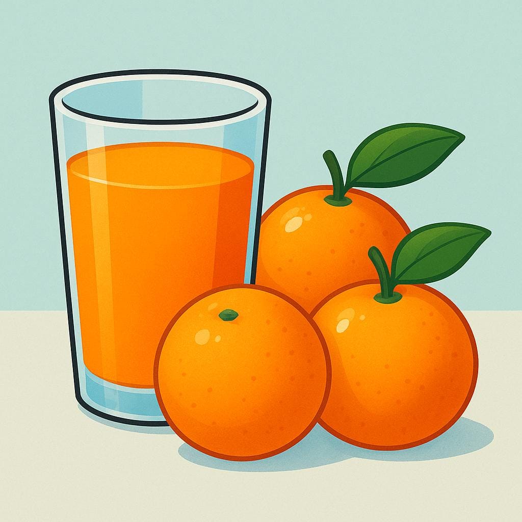 A clear glass filled with vibrant orange juice, sitting next to two whole oranges on a simple background.