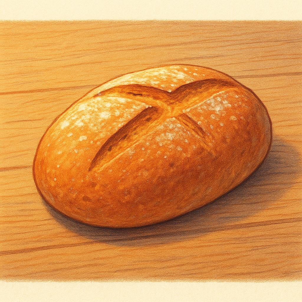 A single, plain loaf of rustic bread placed on a simple wooden table, illuminated by a gentle, glowing golden light from above, symbolizing something consecrated or blessed.