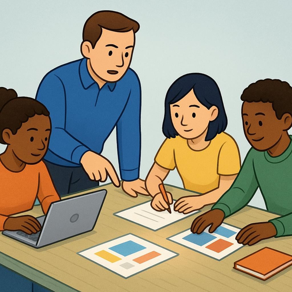 A central figure, depicted as a supervisor, standing slightly elevated and pointing clearly at a task on a table where three team members are actively working on a project.