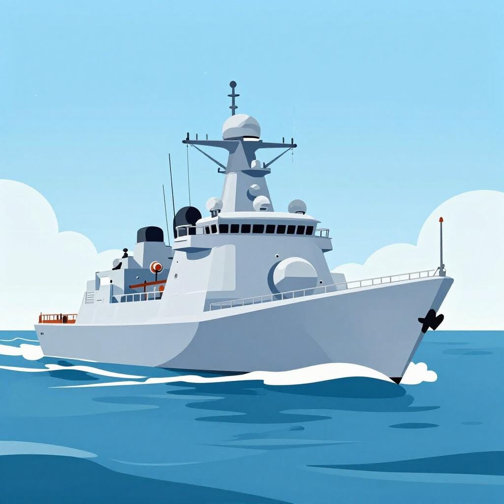 A sleek grey naval warship sailing on the blue ocean.