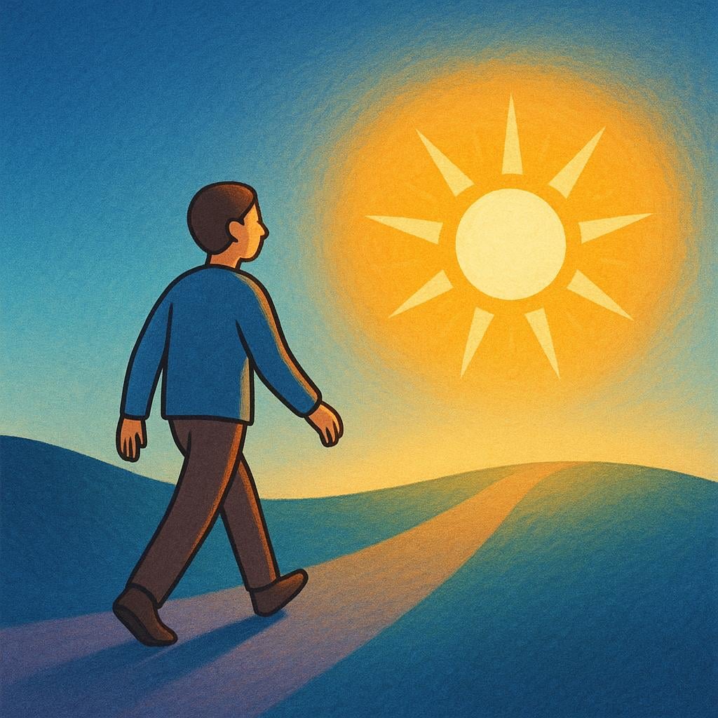 A storybook illustration showing a lone person walking away from a shadowed foreground and moving toward a single, brilliant, stylized golden light source on the distant horizon, representing adopting a new ideology.
