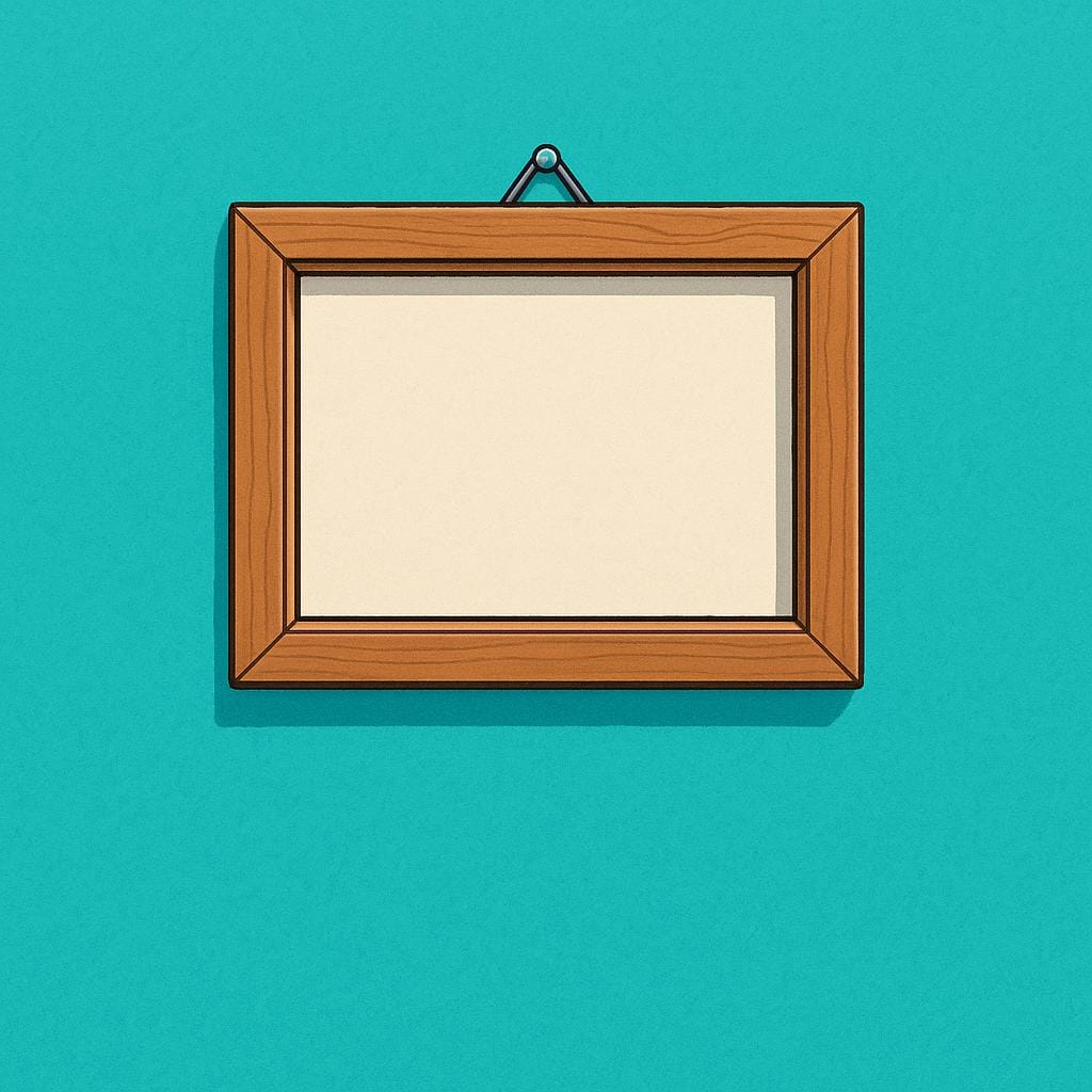A simple, empty wooden picture frame securely mounted high on a brightly colored wall.