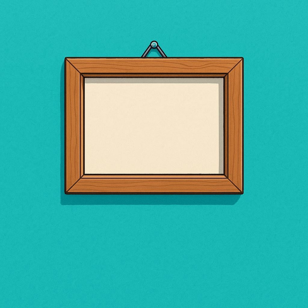 A simple, empty wooden picture frame securely mounted high on a brightly colored wall.