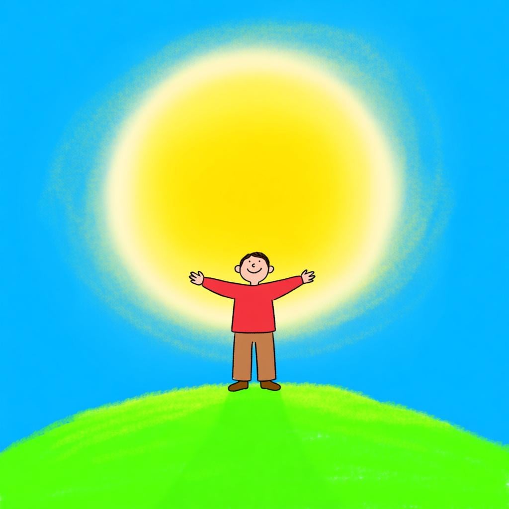 A person standing on a lush green hill with arms outstretched under a bright sun, symbolizing vitality and the act of being alive.