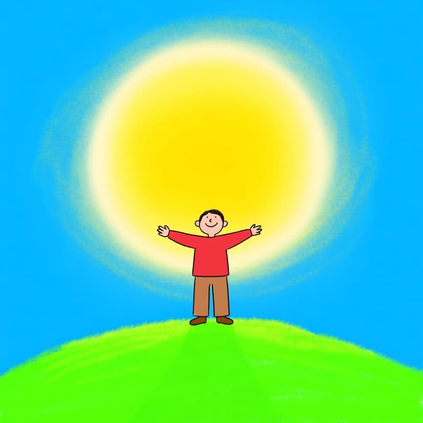 A person standing on a lush green hill with arms outstretched under a bright sun, symbolizing vitality and the act of being alive.