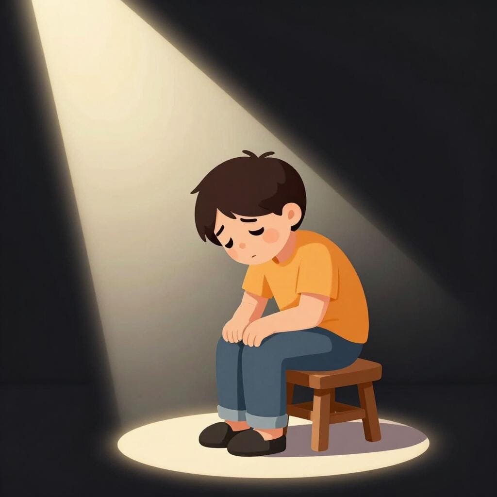 Um personagem triste sentado em um quarto escuro com um único holofote, parecendo fisicamente exausto e angustiado.