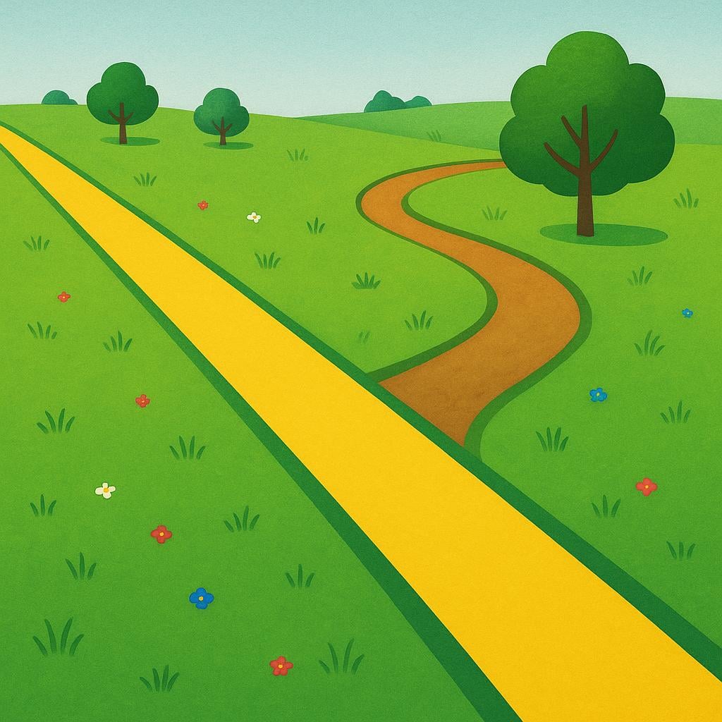 A vibrant illustration showing a straight, short path leading directly to a destination, next to a much longer, curvy path, emphasizing the shortest route.