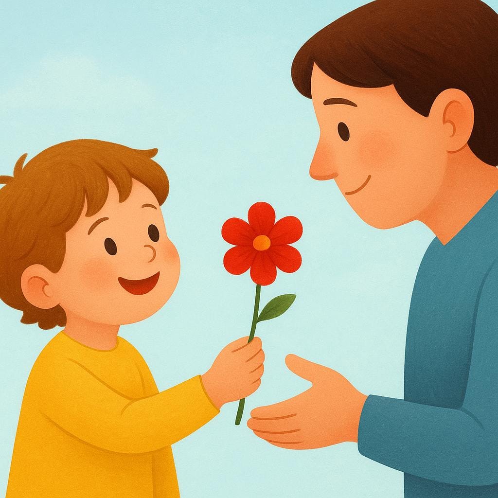 A high quality simple colorful storybook illustration showing a smiling child offering a bright red flower to an adult, symbolizing kindness.